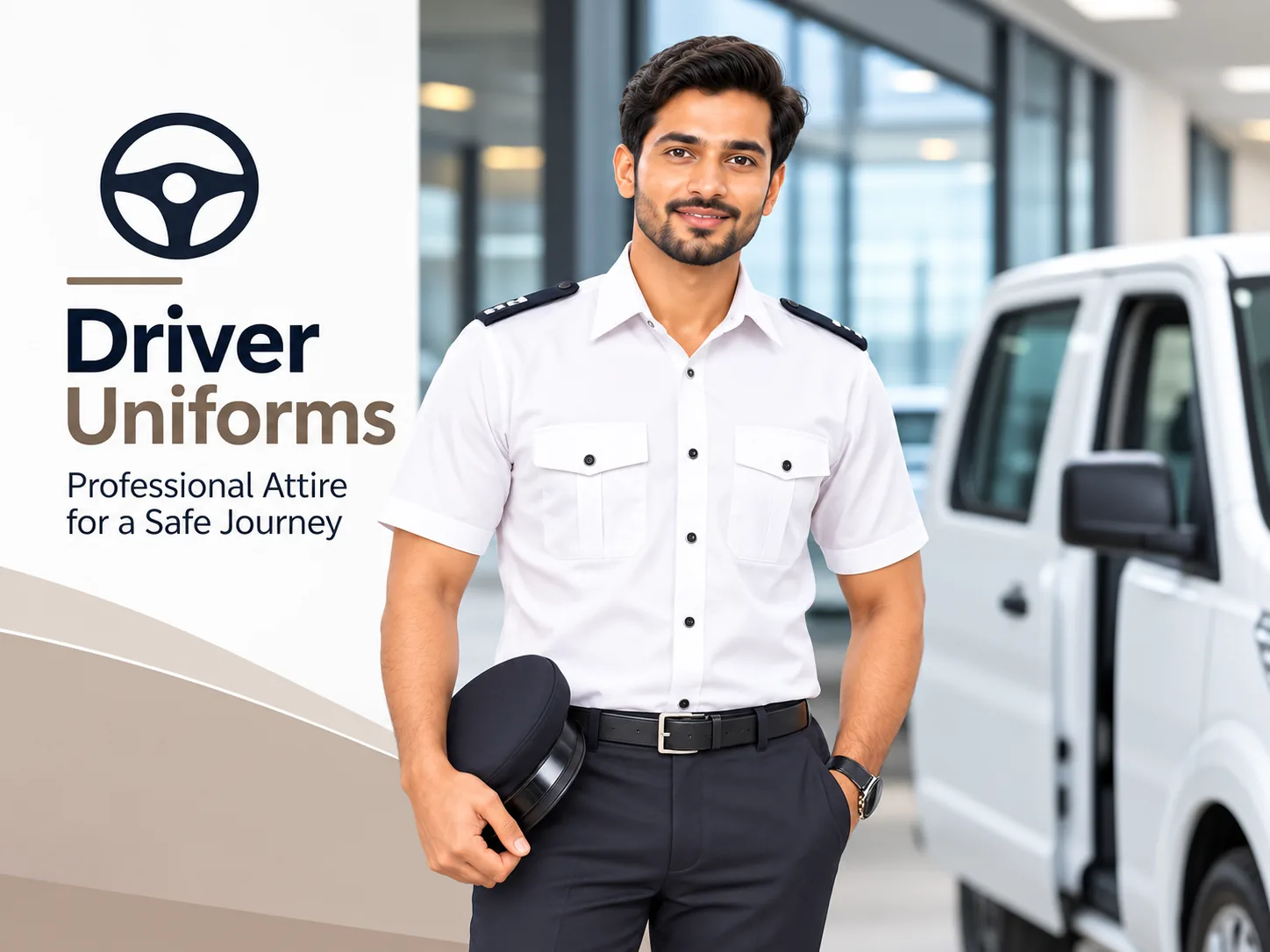 Professional driver uniform with a light blue shirt and navy trousers